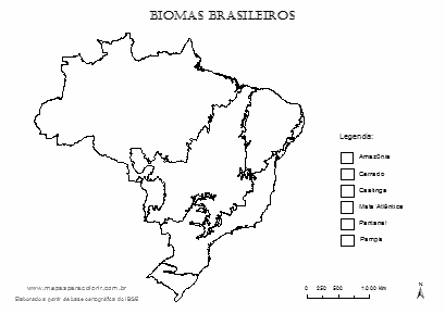 Mapa dos biomas brasileiros com legenda para completar.