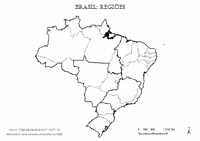 Mapa do Brasil com delimitação das regiões e dos estados.