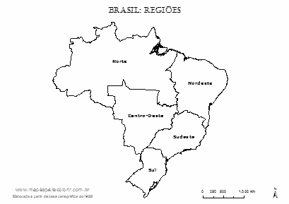 Mapa das regiões brasileiras com nomes para colorir.