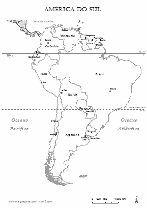 Mapa da América do Sul com nomes dos países e das capitais.