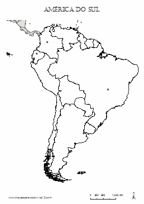 Mapa da América do Sul para completar com nomes dos países e das capitais.