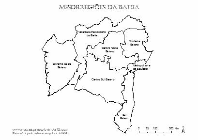 Mapa das mesorregiões da Bahia com respectivos nomes.