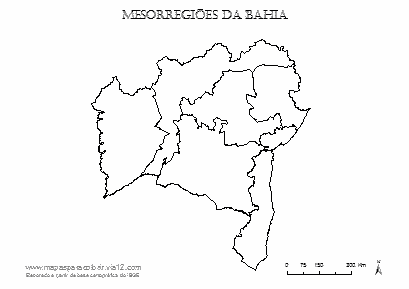 Mapa da Bahia com contorno das mesorregiões.