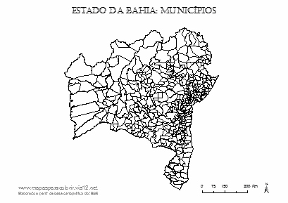 Mapa da Bahia com contorno dos municípios.