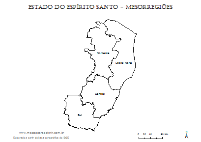 Mapa do Espírito Santo com divisão das mesorregiões e nomes.