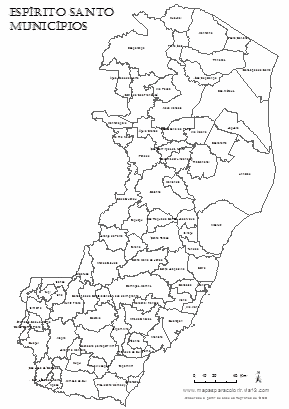 Mapa do Espírito Santo com nomes de todos os municípios.