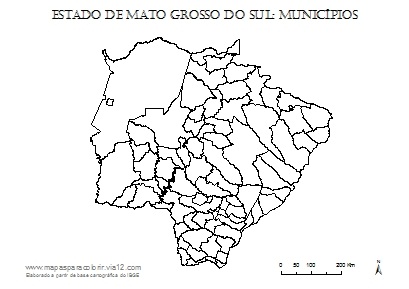 Mapa de Mato Grosso do Sul com contorno dos municípios.