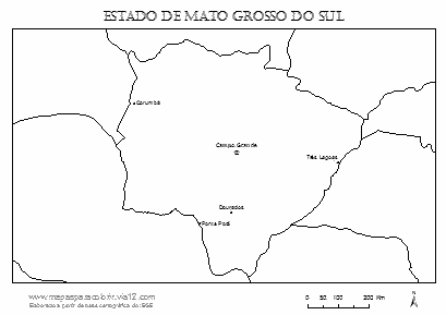 Mapa de Mato Grosso do Sul com cidades principais.