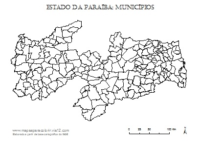 Mapa da Paraíba com contorno dos municípios.