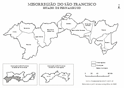 Mapa da Mesorregião São Francisco Pernambucano com microrregiões, municípios e localização no estado.