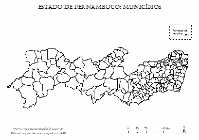 Mapa de Pernambuco com contorno dos municípios.