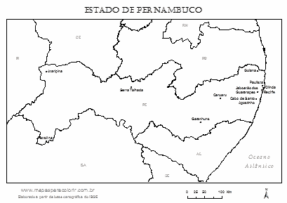 Mapa de Pernambuco com cidades principais.