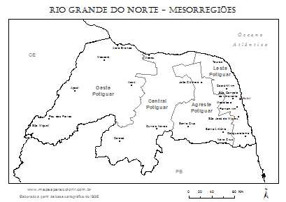 Mapa do Rio Grande do Norte dividido em mesorregiões com nomes.