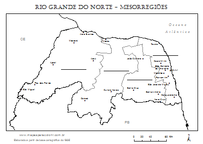 Mapa do Rio Grande do Norte dividido em mesorregiões para completar com nomes.