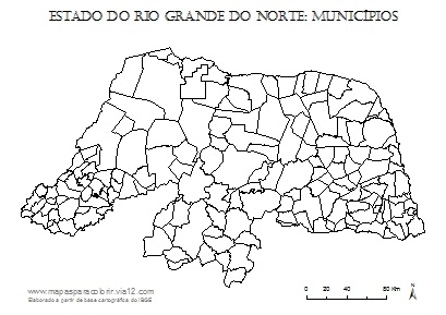 Mapa do Rio Grande do Norte com contorno dos municípios.