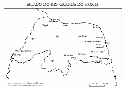 Mapa do Rio Grande do Norte com cidades principais.