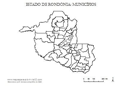 Mapa de Rondônia com contorno dos municípios.