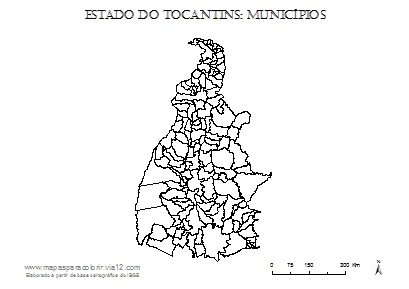 Mapa do Tocantins com contorno dos municípios.