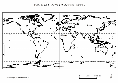Mapa mundi com divisão dos continentes para colorir