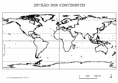 Mapa mundi com divisão dos continentes para colorir