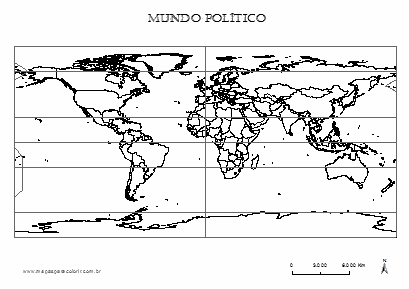 Mapa mundi político com contorno dos países para colorir