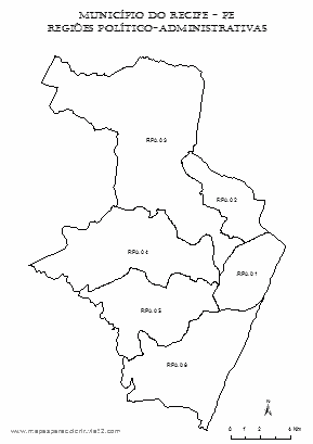 Mapa de Regiões Político-Administrativas do município do Recife para colorir