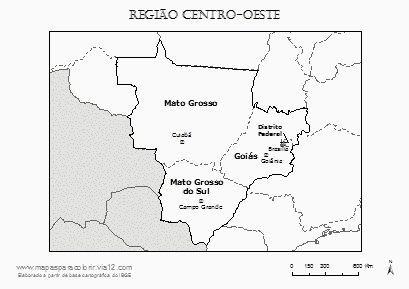 Mapa da Região Centro-Oeste com nomes dos estados e das capitais.
