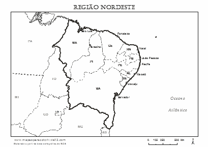 Mapa da Região Nordeste com estados e capitais para colorir.