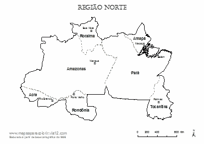 Mapa da Região Norte com nomes dos estados e das capitais para colorir.