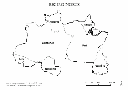 Mapa da Região Norte com nomes dos estados.