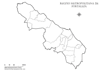 Mapa da Região Metropolitana de Fortaleza sem nomes, para completar, mapa mudo.