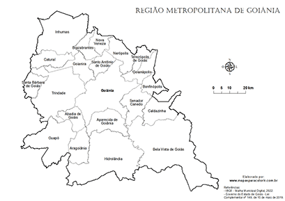 Mapa da Região Metropolitana de Goiânia com nomes dos municípios para colorir.