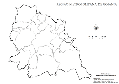 Mapa da Região Metropolitana de Goiânia com contorno dos municípios, sem nomes, para colorir.