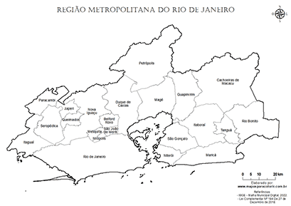 Mapa da Região Metropolitana do Rio de Janeiro com nomes dos municípios.