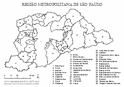 Mapa da Região Metropolitana de São Paulo com contorno dos municípios.